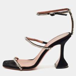 Amina Muaddi Black Suede  Crystal-Embellished Gilda Ankle Strap Sandals Size 37.5