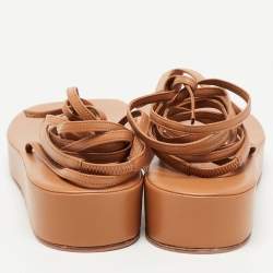 Pre Owned Amina Muaddi Brown Leather Jamie Platform  Ankle Wrap Sandals Size 41