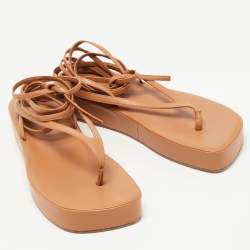 Pre Owned Amina Muaddi Brown Leather Jamie Platform  Ankle Wrap Sandals Size 41