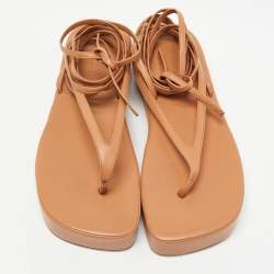 Pre Owned Amina Muaddi Brown Leather Jamie Platform  Ankle Wrap Sandals Size 41