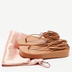 Pre Owned Amina Muaddi Brown Leather Jamie Platform  Ankle Wrap Sandals Size 41