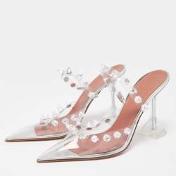 Pre Owned Amina Muaddi Transperent PVC Crystal Embellished Julia Mule Sandals Size 37