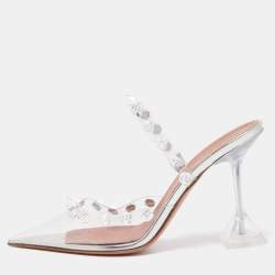 Pre Owned Amina Muaddi Transperent PVC Crystal Embellished Julia Mule Sandals Size 37
