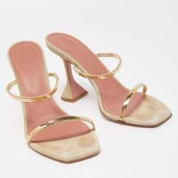 Pre Owned Amina Muaddi Gold/Grey Leather and Suede Gilda Slide Sandals Size 39