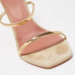 Pre Owned Amina Muaddi Gold/Grey Leather and Suede Gilda Slide Sandals Size 39