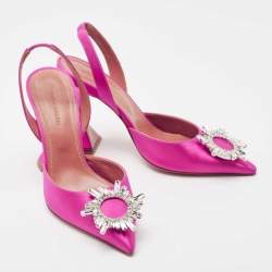 Pre Owned Amina Muaddi Pink Satin Begum Slingback Pumps Size 37