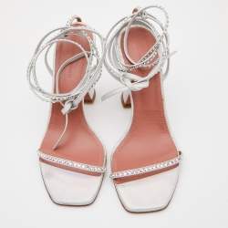 Pre Owned Amina Muaddi Iridescent Silver Leather Vita Wrap Sandals Size 37