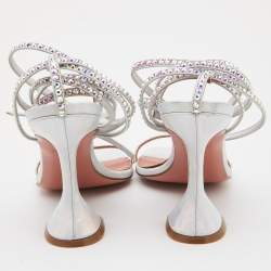 Pre Owned Amina Muaddi Iridescent Silver Leather Vita Wrap Sandals Size 37