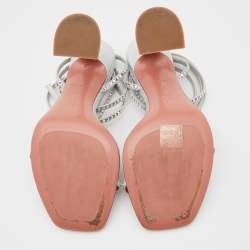 Pre Owned Amina Muaddi Iridescent Silver Leather Vita Wrap Sandals Size 37
