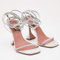 Pre Owned Amina Muaddi Iridescent Silver Leather Vita Wrap Sandals Size 37