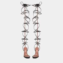 Pre Owned Amina Muaddi x AWGE LSD Black Satin Crystal Embellished Gladiator Sandals Size 39