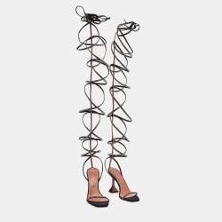 Pre Owned Amina Muaddi x AWGE LSD Black Satin Crystal Embellished Gladiator Sandals Size 39