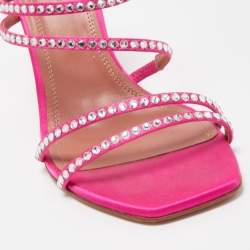 Pre Owned Amina Muaddi Pink Satin Gilda Crystal Embellished Sandals Size 37