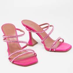Pre Owned Amina Muaddi Pink Satin Gilda Crystal Embellished Sandals Size 37