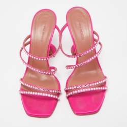 Pre Owned Amina Muaddi Pink Satin Gilda Crystal Embellished Sandals Size 37