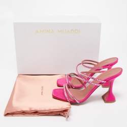 Pre Owned Amina Muaddi Pink Satin Gilda Crystal Embellished Sandals Size 37