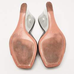 Pre Owned Amina Muaddi Black Leather Lupita Glass Wedge Sandals Size 38