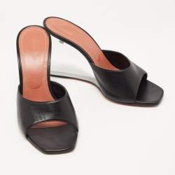 Pre Owned Amina Muaddi Black Leather Lupita Glass Wedge Sandals Size 38