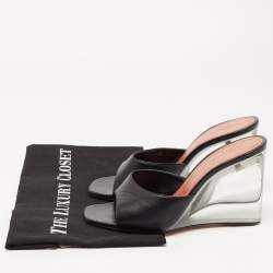 Pre Owned Amina Muaddi Black Leather Lupita Glass Wedge Sandals Size 38
