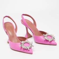 Pre Owned Amina Muaddi Pink Leather Begum Crystal Embellished Slingback Sandals Size 38.5