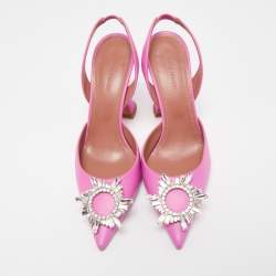 Pre Owned Amina Muaddi Pink Leather Begum Crystal Embellished Slingback Sandals Size 38.5
