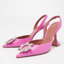Pre Owned Amina Muaddi Pink Leather Begum Crystal Embellished Slingback Sandals Size 38.5