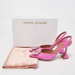 Pre Owned Amina Muaddi Pink Leather Begum Crystal Embellished Slingback Sandals Size 38.5