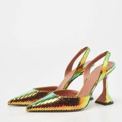 Pre Owned Amina Muaddi Multicolor Textured Foil Leather Holli Slingback Pumps Size 37.5