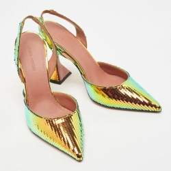 Pre Owned Amina Muaddi Multicolor Textured Foil Leather Holli Slingback Pumps Size 37.5