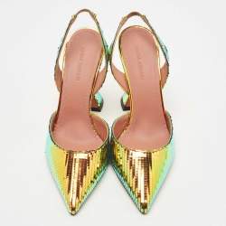 Pre Owned Amina Muaddi Multicolor Textured Foil Leather Holli Slingback Pumps Size 37.5