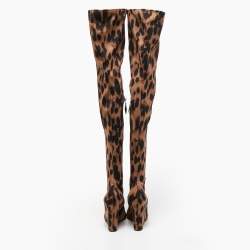 Amina Muaddi Brown/Black Fabric Leopard Print Wedge Over-The-Knee Boots Size 38