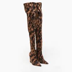 Amina Muaddi Brown/Black Fabric Leopard Print Wedge Over-The-Knee Boots Size 38