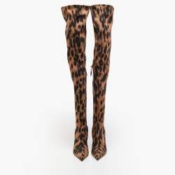 Amina Muaddi Brown/Black Fabric Leopard Print Wedge Over-The-Knee Boots Size 38