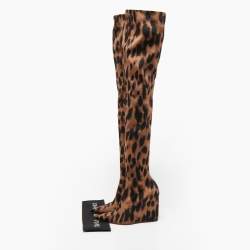 Amina Muaddi Brown/Black Fabric Leopard Print Wedge Over-The-Knee Boots Size 38