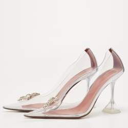 Pre Owned Amina Muaddi Transparent/Silver Leather and PVC Rosie Pumps Size 40.5