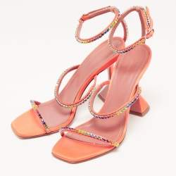 Amina Muaddi Orange Satin and Rainbow Crystal Gilda Ankle Strap Sandals Size 37