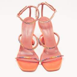 Amina Muaddi Orange Satin and Rainbow Crystal Gilda Ankle Strap Sandals Size 37