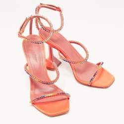 Amina Muaddi Orange Satin and Rainbow Crystal Gilda Ankle Strap Sandals Size 37