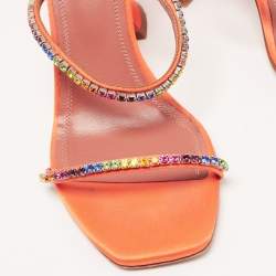 Amina Muaddi Orange Satin and Rainbow Crystal Gilda Ankle Strap Sandals Size 37