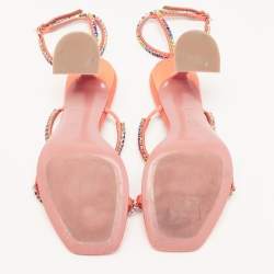 Amina Muaddi Orange Satin and Rainbow Crystal Gilda Ankle Strap Sandals Size 37