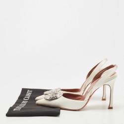 Pre Owned Amina Muaddi White Satin Camelia Sling Back Pumps Size 37