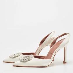 Pre Owned Amina Muaddi White Satin Camelia Sling Back Pumps Size 37
