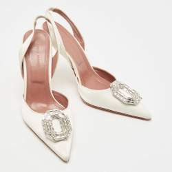 Pre Owned Amina Muaddi White Satin Camelia Sling Back Pumps Size 37