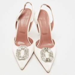 Pre Owned Amina Muaddi White Satin Camelia Sling Back Pumps Size 37