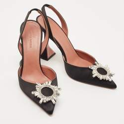 Pre Owned Amina Muaddi Black Satin Begum Crystal Embellished Slingback Pumps Size 39