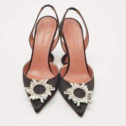 Pre Owned Amina Muaddi Black Satin Begum Crystal Embellished Slingback Pumps Size 39