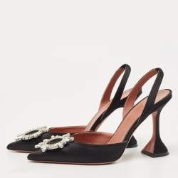 Pre Owned Amina Muaddi Black Satin Begum Crystal Embellished Slingback Pumps Size 39