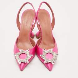 Pre Owned Amina Muaddi Magenta Satin Begum Slingback Pumps Size 38.5