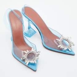 Pre Owned Amina Muaddi Blue PVC Begum Crystal Embellished Slingback Pumps Size 36.5