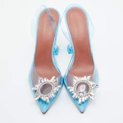 Pre Owned Amina Muaddi Blue PVC Begum Crystal Embellished Slingback Pumps Size 36.5